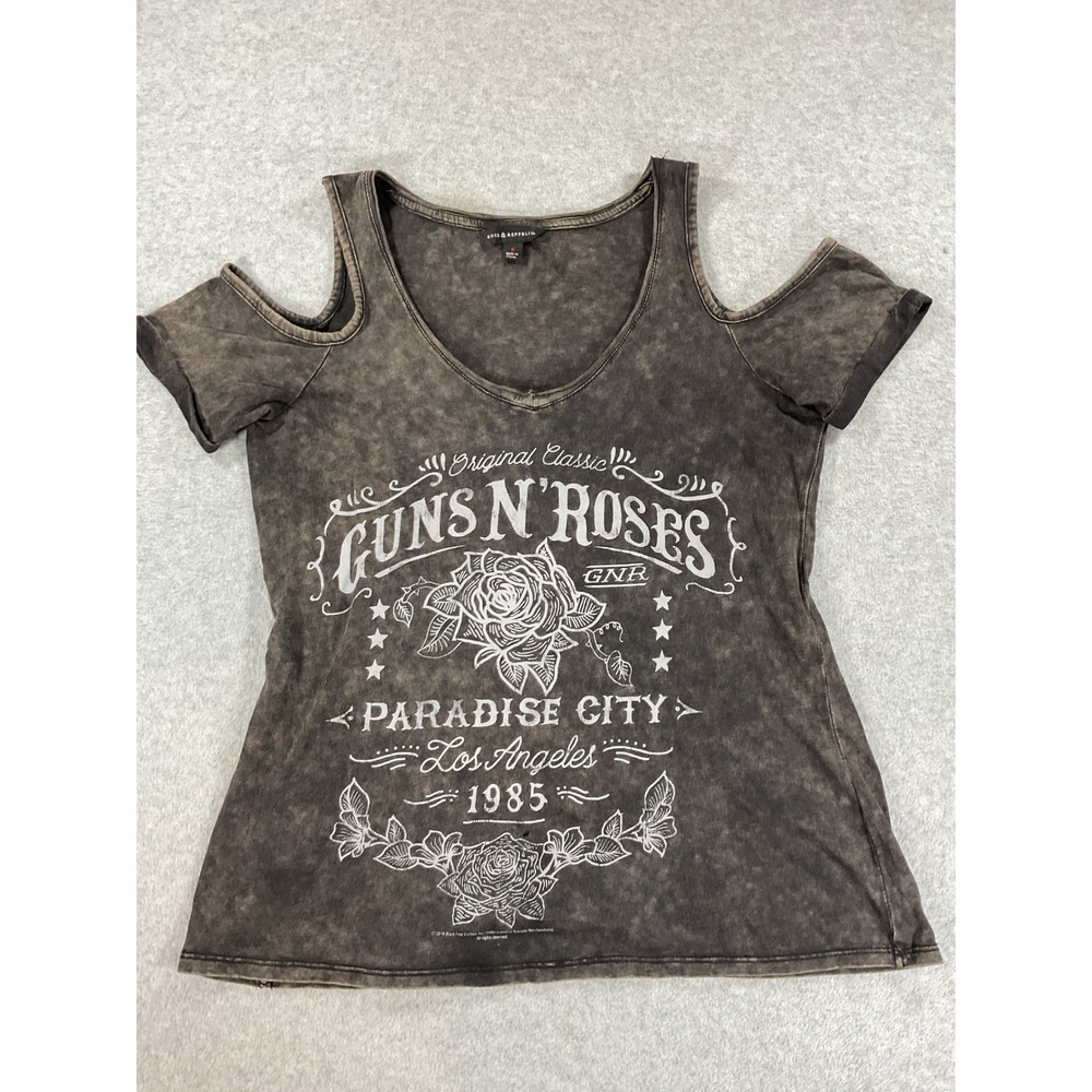 Rock & Republic Guns N Roses Cold Shoulder Graphic Tee Grey Acid Wash Small 2847